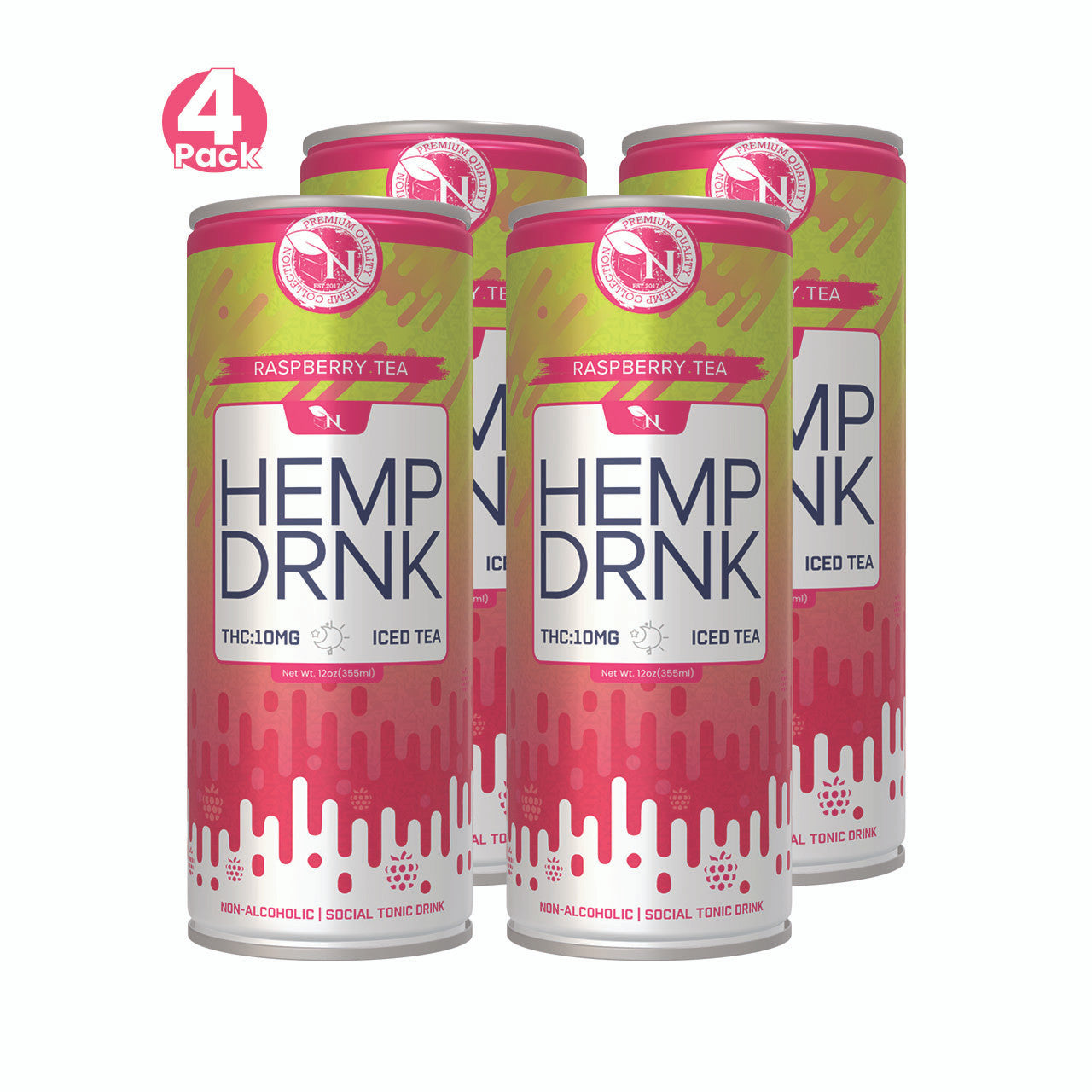 Raspberry Tea CBD and Delta-9 THC seltzer can, 40mg CBD and 10mg THC, bold and refreshing tea-flavored beverage 4 pack