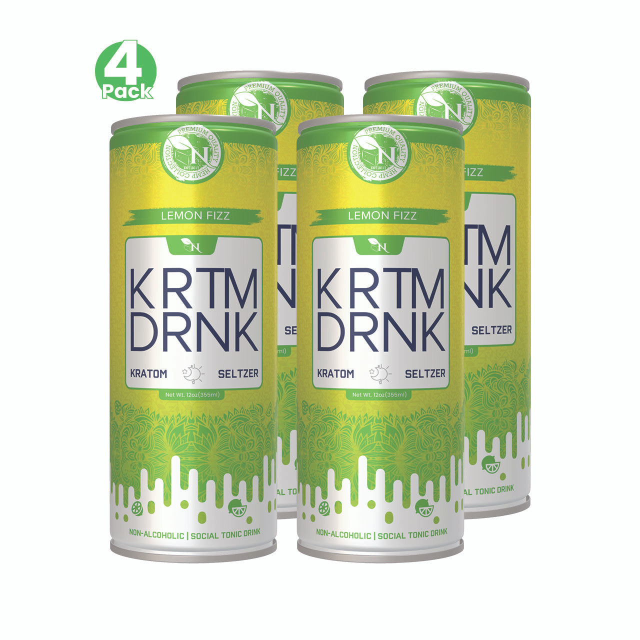 Lemon Fizz Kratom seltzer can, 80mg Mitragynine, energizing citrus-flavored fizzy drink for focus and vitality 4 pack