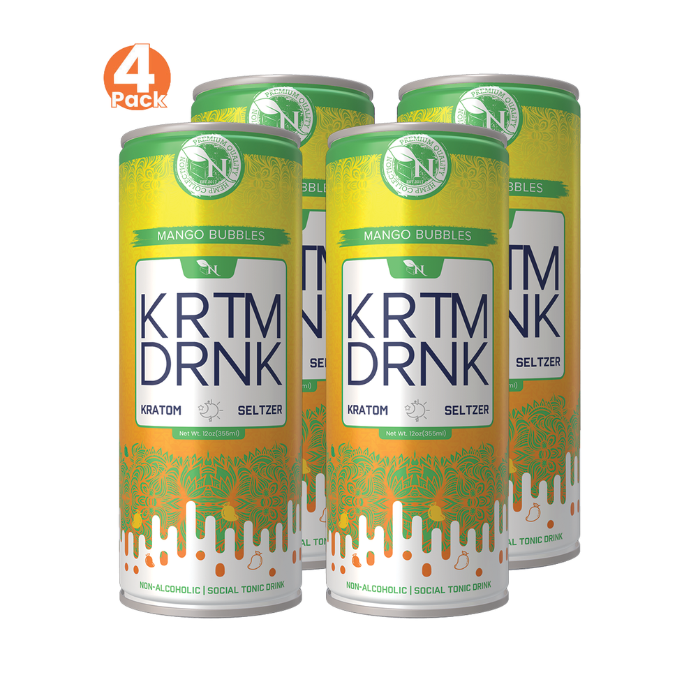 Mango Bubbles Kratom seltzer can, 130mg Mitragynine, energizing citrus-flavored fizzy drink for focus and vitality 4 pack