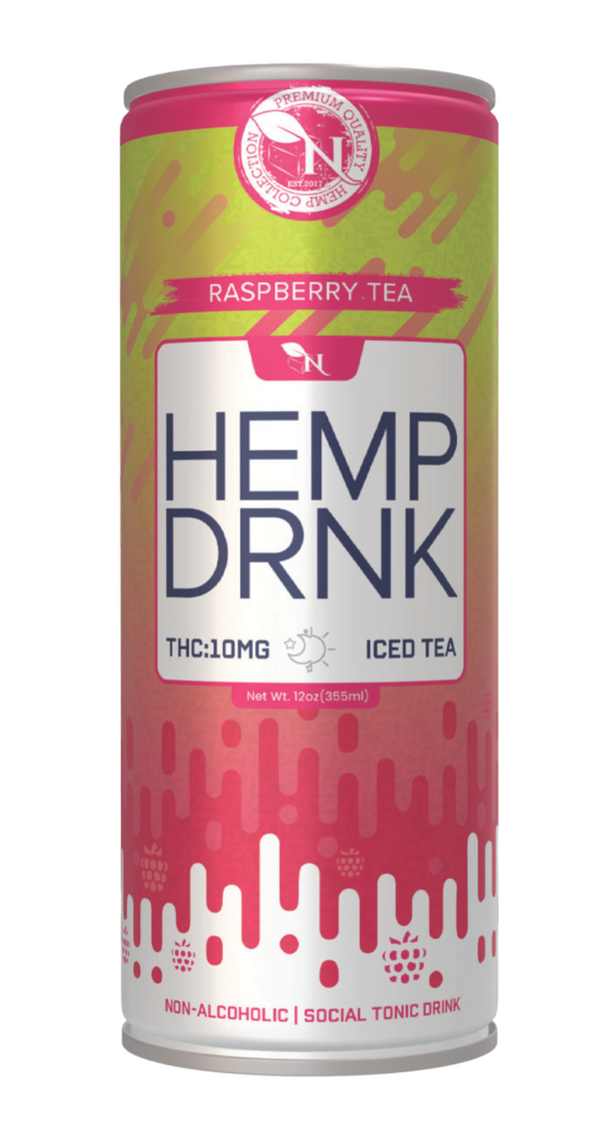 Raspberry Tea CBD and Delta-9 THC seltzer can, 40mg CBD and 10mg THC, bold and refreshing tea-flavored beverage