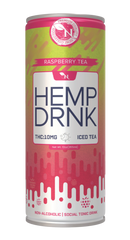 Raspberry Tea CBD and Delta-9 THC seltzer can, 40mg CBD and 10mg THC, bold and refreshing tea-flavored beverage