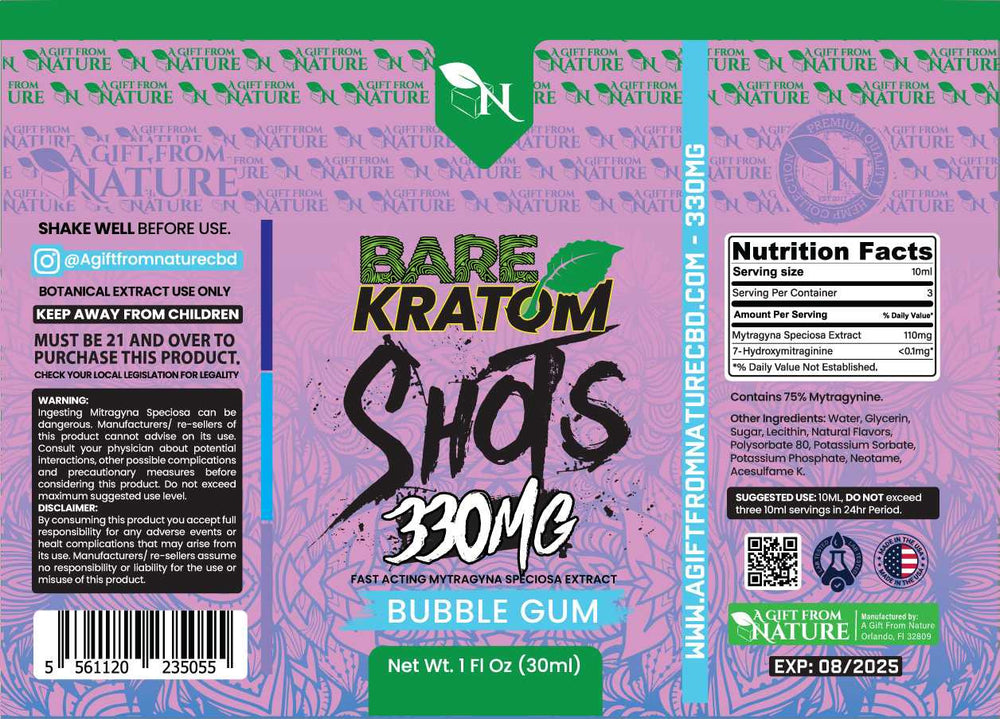 BARE KRATOM SHOTS - BUBBLE GUM - 330MG A Gift From Nature