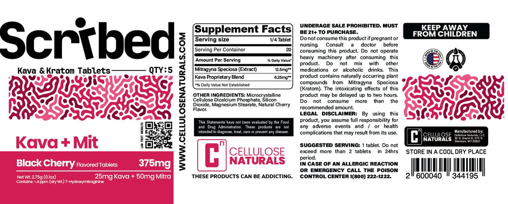 Supplement label for Scribbled Kava + Mit tablets with branding and product details.