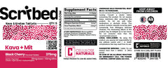 Supplement label for Scribbled Kava + Mit tablets with branding and product details.