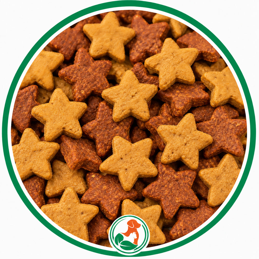 Golden and reddish-brown Brunch Stars dog treats in a green-bordered circular close-up.