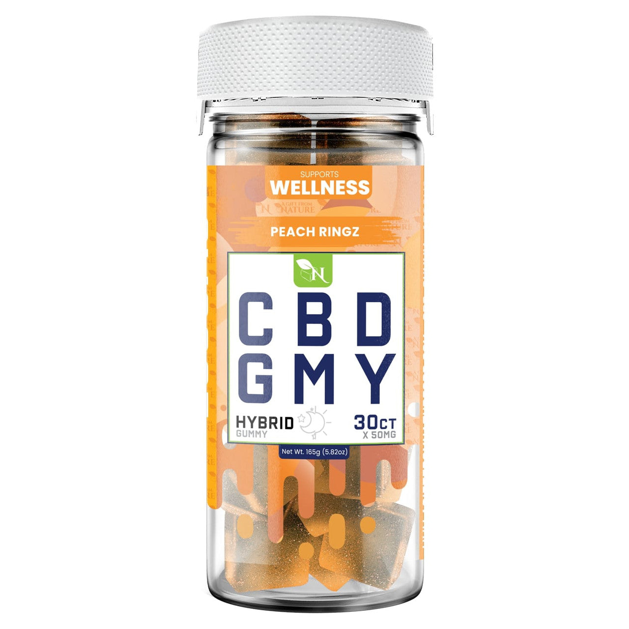 CBD GUMMIES - FOR BALANCE - 30CT Peach Ringz 1500mg  – HYBRID real product picture 3d mockup