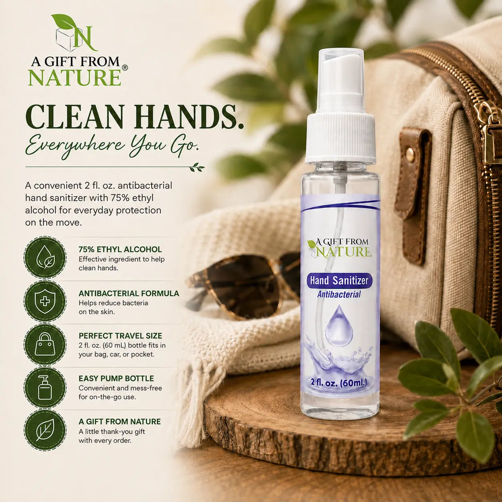 A Gift From Nature 2 fl oz antibacterial hand sanitizer with 75% ethyl alcohol, shown in a travel lifestyle setting with product benefits for everyday on-the-go use.