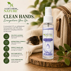 A Gift From Nature 2 fl oz antibacterial hand sanitizer with 75% ethyl alcohol, shown in a travel lifestyle setting with product benefits for everyday on-the-go use.