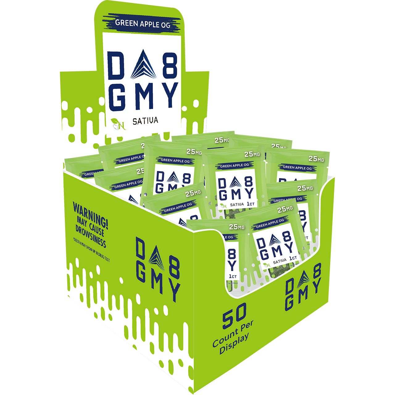 DELTA 8 GUMMIES Single Package - 50CT Green Apple OG 25mg - SATIVA