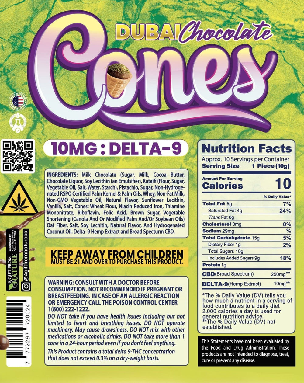 Delta 9 Cones with Dubai Chocolate label with nutrition facts