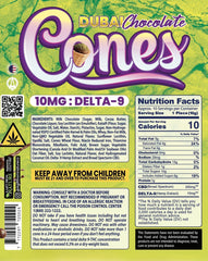 Delta 9 Cones with Dubai Chocolate label with nutrition facts