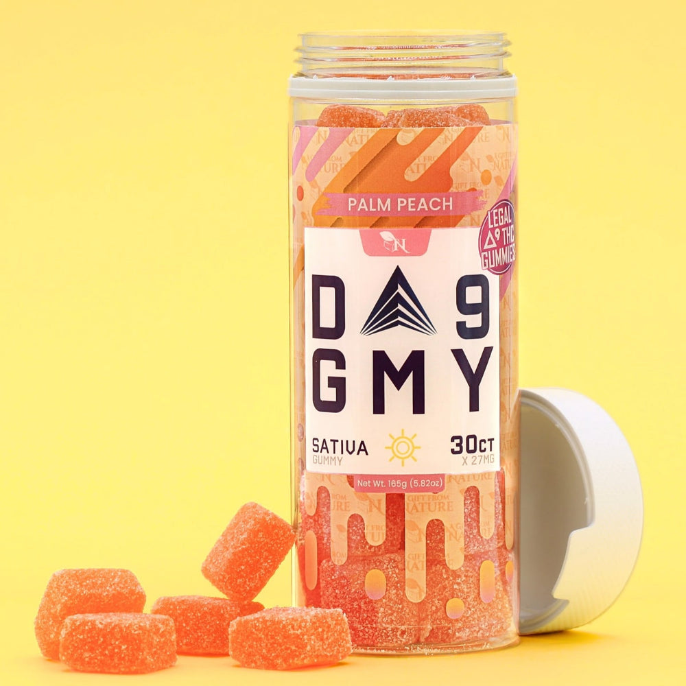 Real Picture of vibrant packaging and gummies for Palm Peach Delta 9 Gummies – Sativa