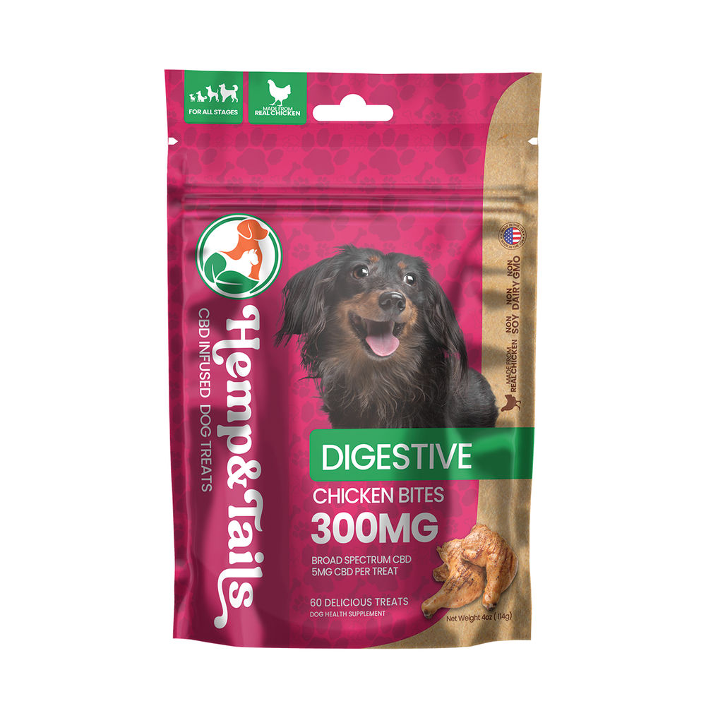 Hemp & Tails CBD Dog Treats - Digestive Chicken Bites in vibrant packaging