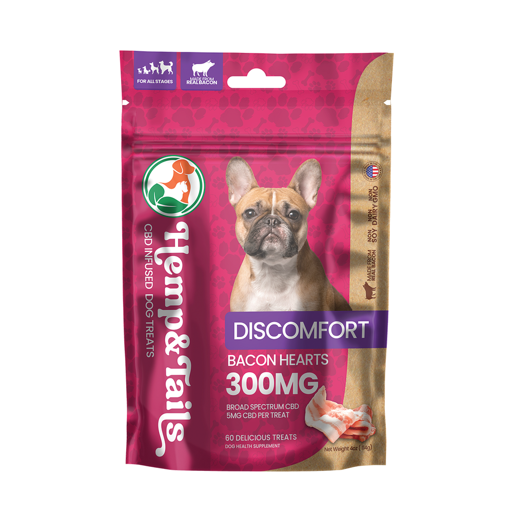 Hemp & Tails CBD Dog Treats - Discomfort Bacon Hearts in vibrant packaging