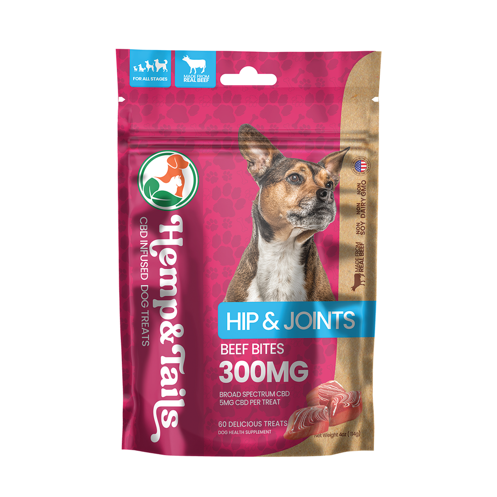 Hemp & Tails CBD Dog Treats - Hip & Joints Beef Bites in vibrant packaging