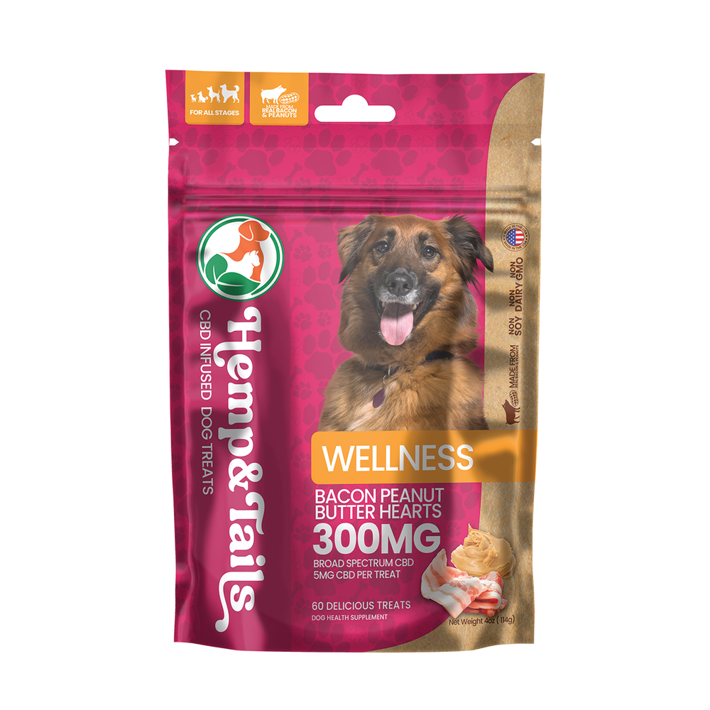 Hemp & Tails CBD Dog Treats - Wellness Bacon Peanut Butter Hearts in vibrant packaging