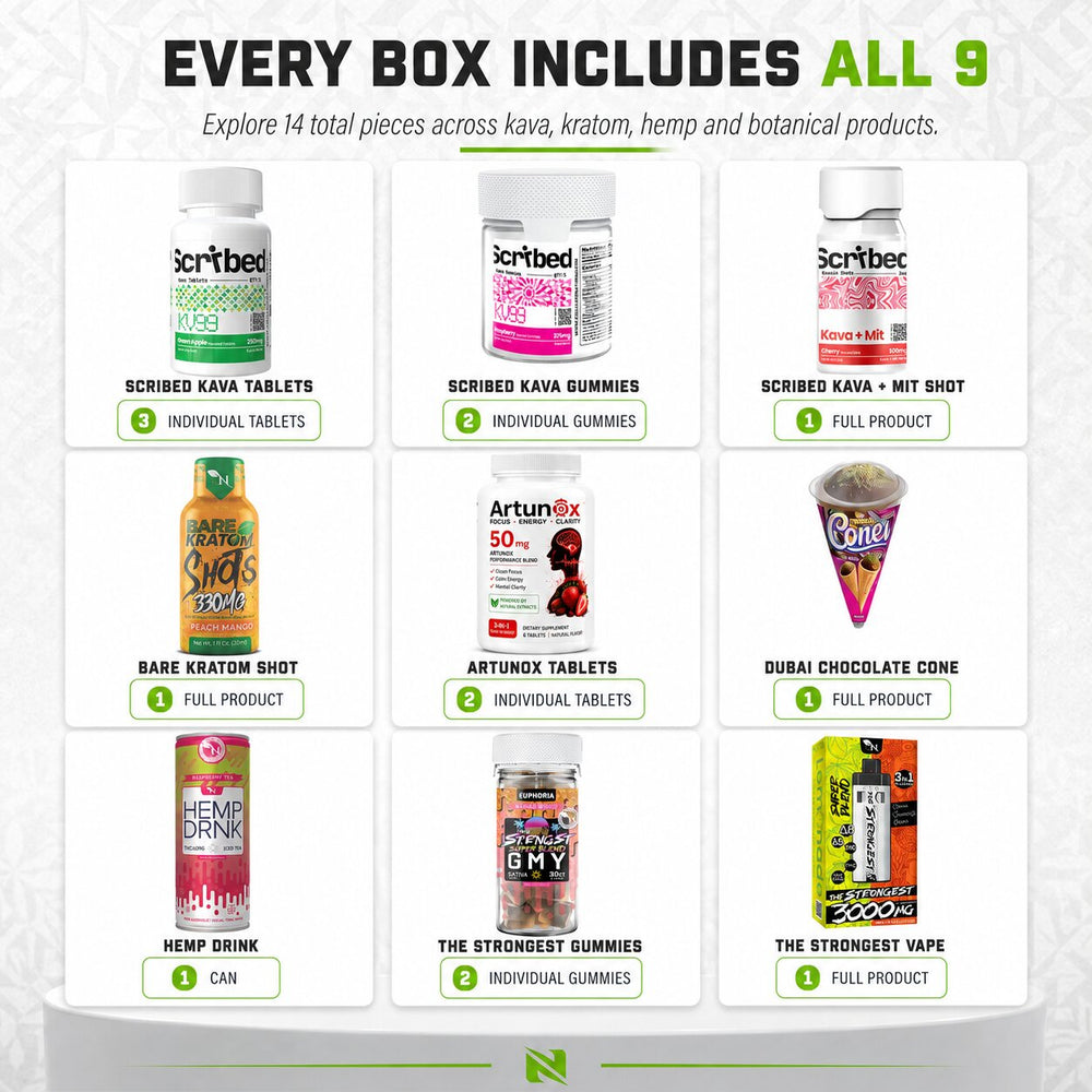 Nine products included in the Discovery Box with quantities for tablets, gummies, shots, drink, cone and vape