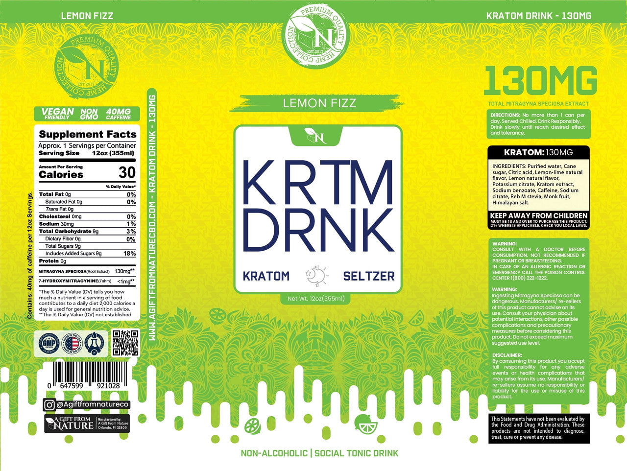 Lemon Fizz Kratom seltzer can, 80mg Mitragynine, energizing citrus-flavored fizzy drink label