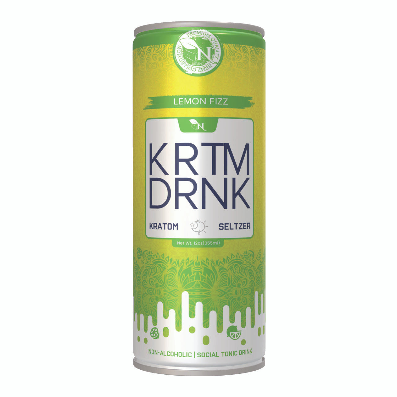 Lemon Fizz Kratom seltzer can, 80mg Mitragynine, energizing citrus-flavored fizzy drink for focus and vitality