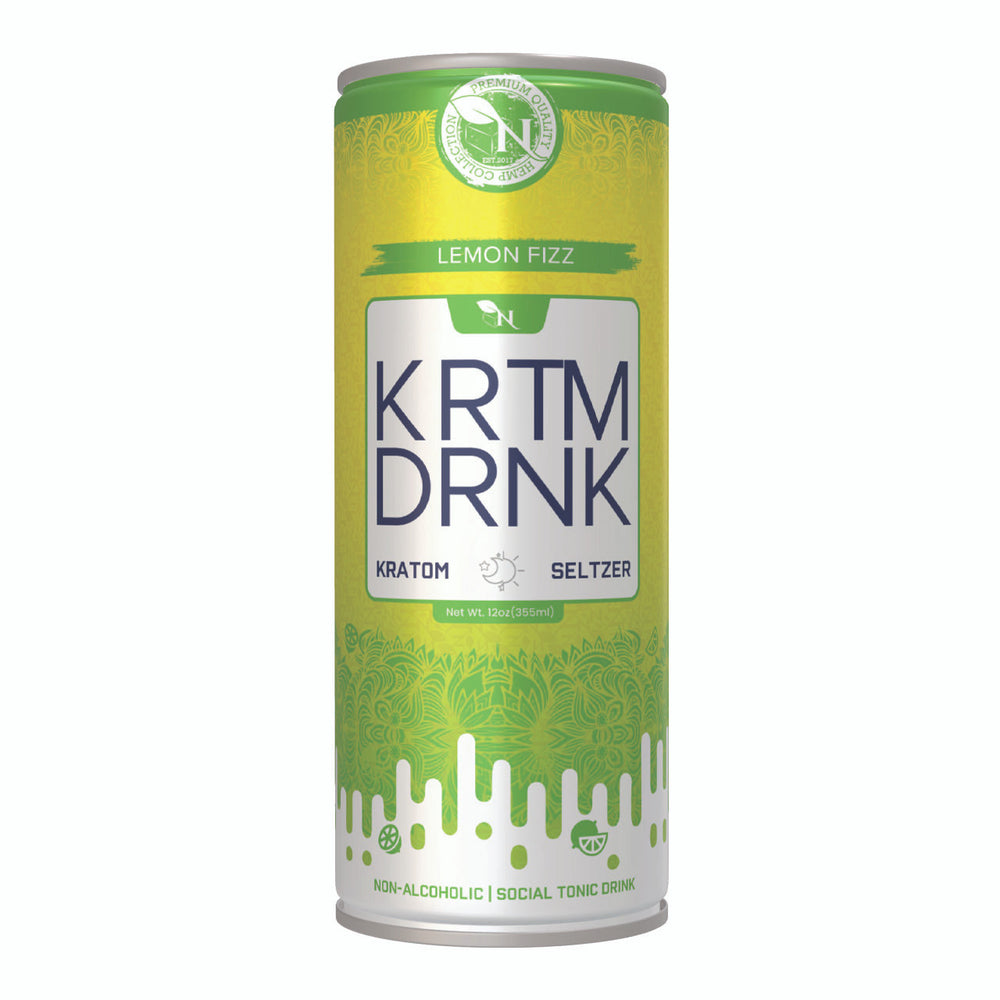 Lemon Fizz Kratom seltzer can, 80mg Mitragynine, energizing citrus-flavored fizzy drink for focus and vitality