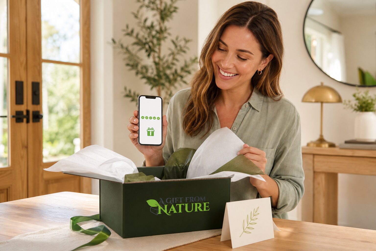 A smiling A Gift From Nature customer opens a branded rewards box while viewing her loyalty progress on a smartphone.