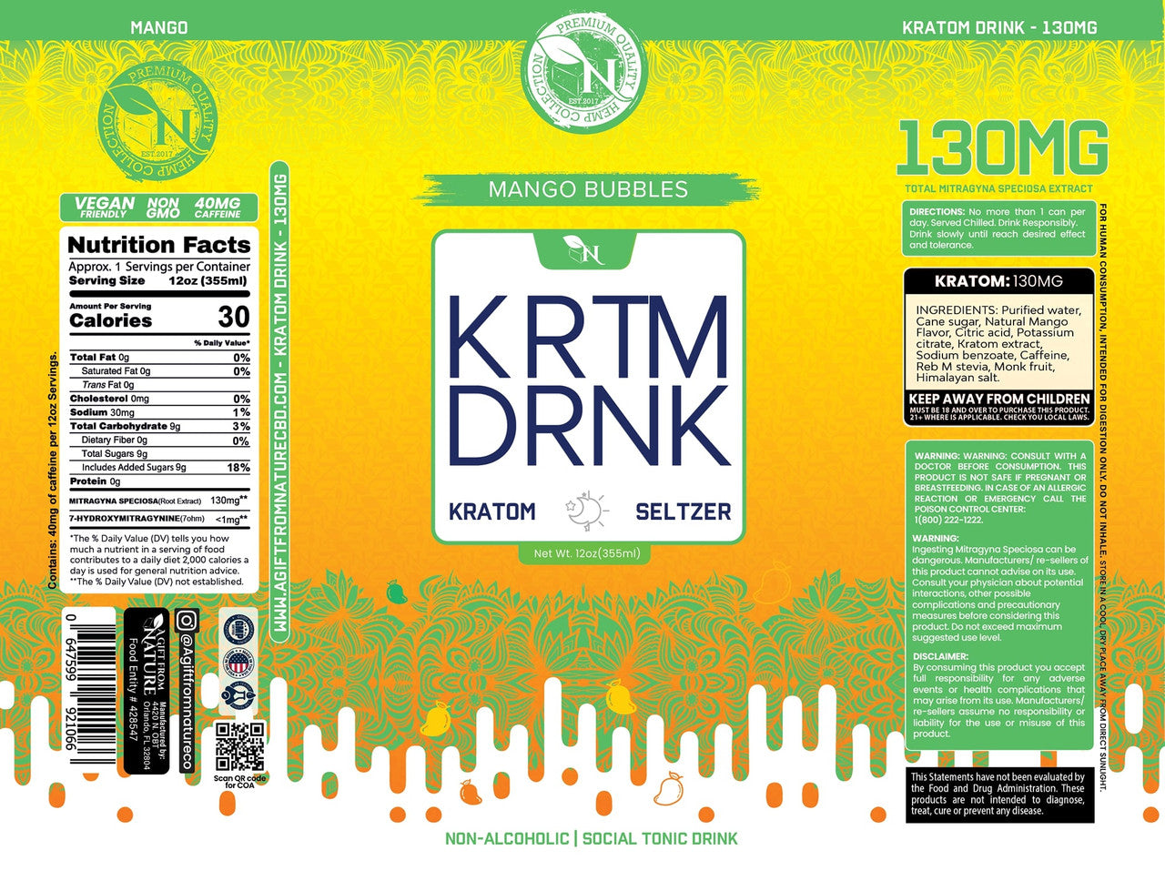 Mango Bubbles Kratom seltzer can, 130mg Mitragynine, energizing citrus-flavored fizzy drink for focus and vitality label of product