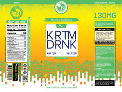 Mango Bubbles Kratom seltzer can, 130mg Mitragynine, energizing citrus-flavored fizzy drink for focus and vitality label of product