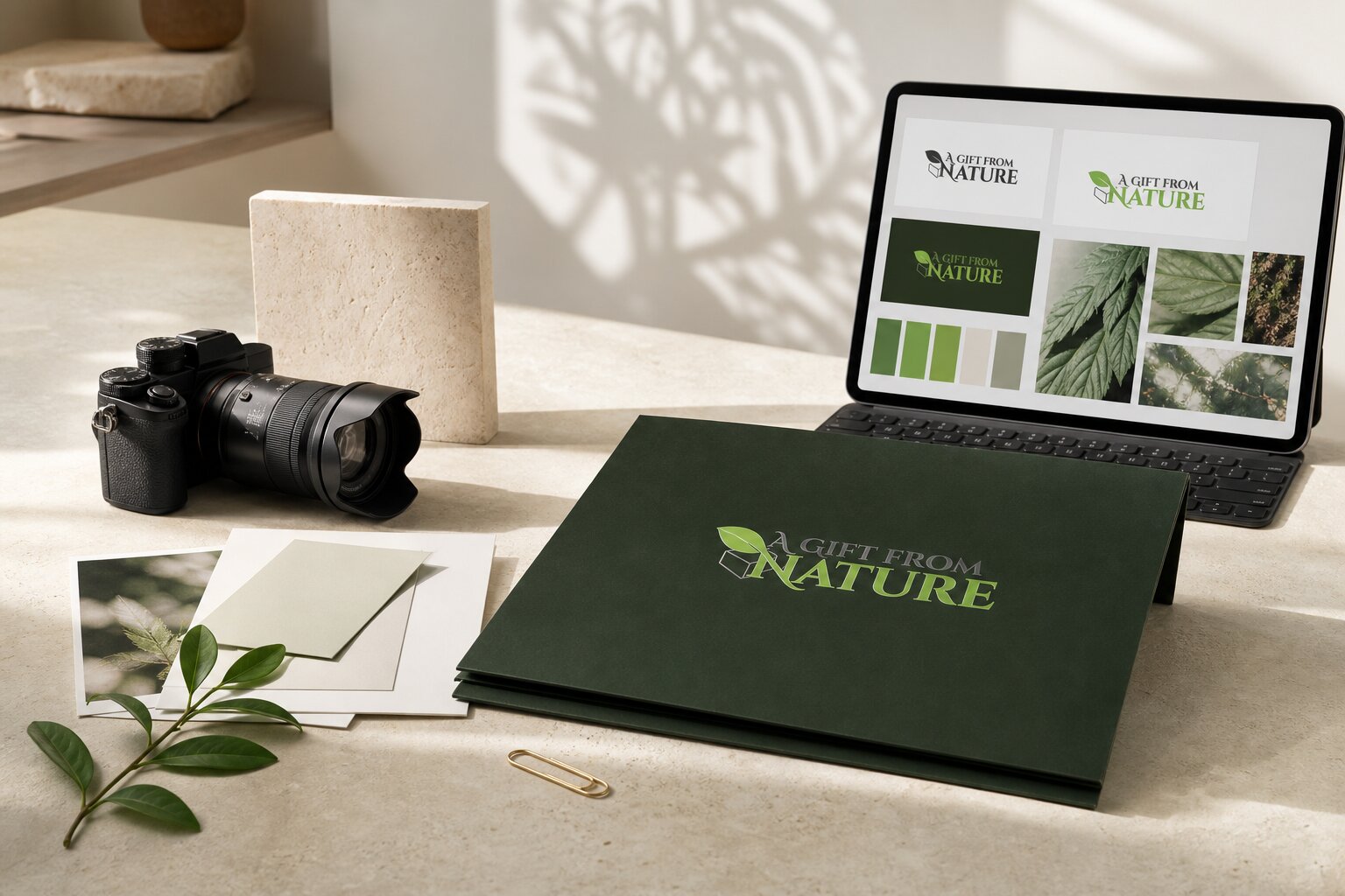 A Gift From Nature media kit featuring branded assets, a digital brand library, photography equipment, and design materials.