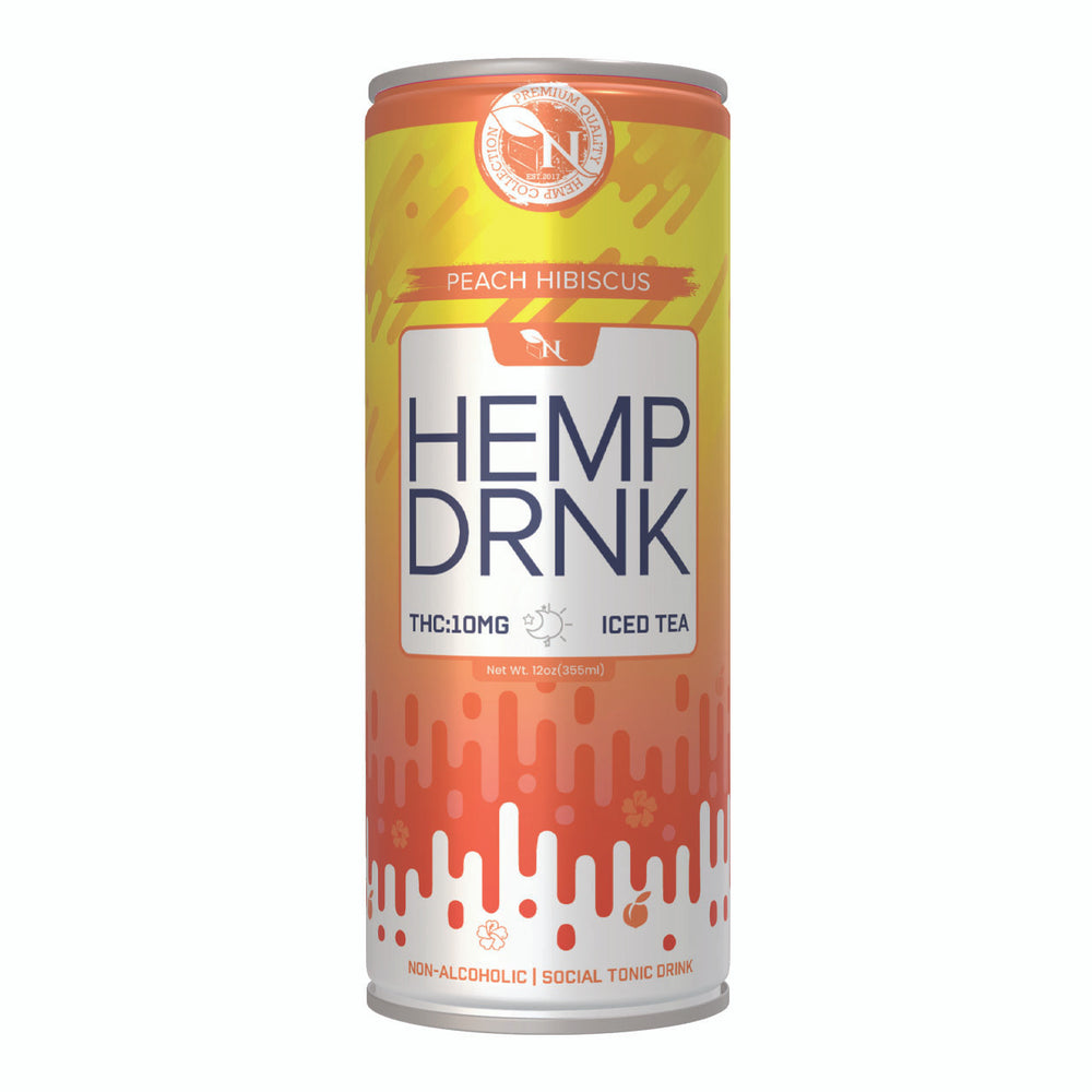 Peach Hibiscus CBD and Delta-9 THC seltzer can, 40mg CBD and 10mg THC, non-alcoholic fizzy drink for relaxation