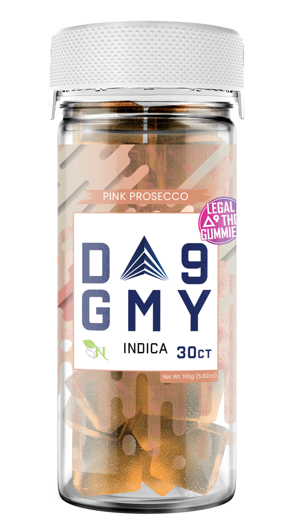 Relaxing Pink Prosecco Delta-9 gummies, Indica blend for calm and tranquility, displayed in premium packaging.