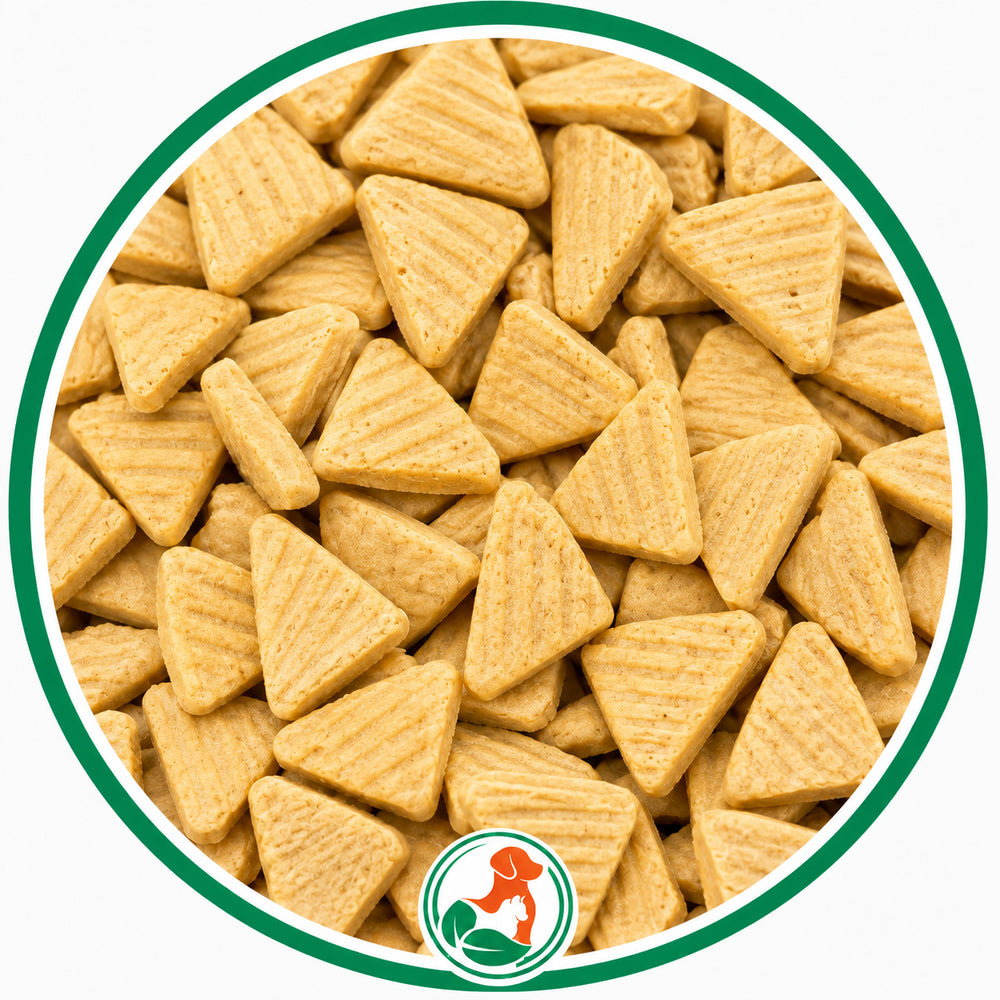 Pale golden Party Cake Wedges dog treats with triangular shapes and parallel ridges in a green circle.