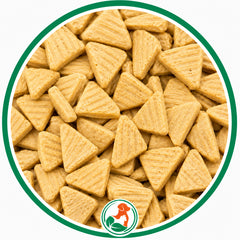 Pale golden Party Cake Wedges dog treats with triangular shapes and parallel ridges in a green circle.