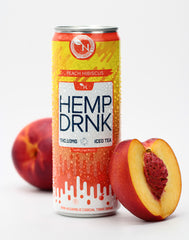 Peach Hibiscus CBD and Delta-9 THC seltzer can, 40mg CBD and 10mg THC, non-alcoholic fizzy drink for relaxation realistic picture
