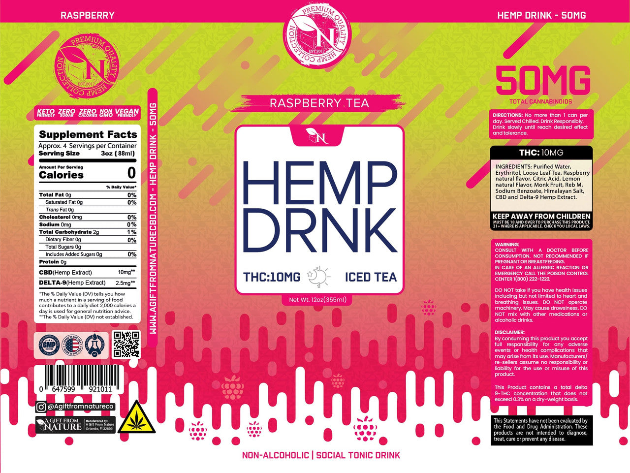 Raspberry Tea CBD and Delta-9 THC seltzer can, 40mg CBD and 10mg THC, bold and refreshing tea-flavored beverage label
