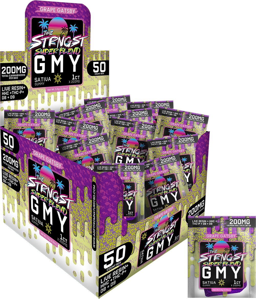 THE STRONGEST GUMMIES Single Package - 50CT - GRAPE GATSBY - SATIVA, featuring 50 sativa hemp gummies with 200mg of cannabinoids each, packed in vibrant grape flavor