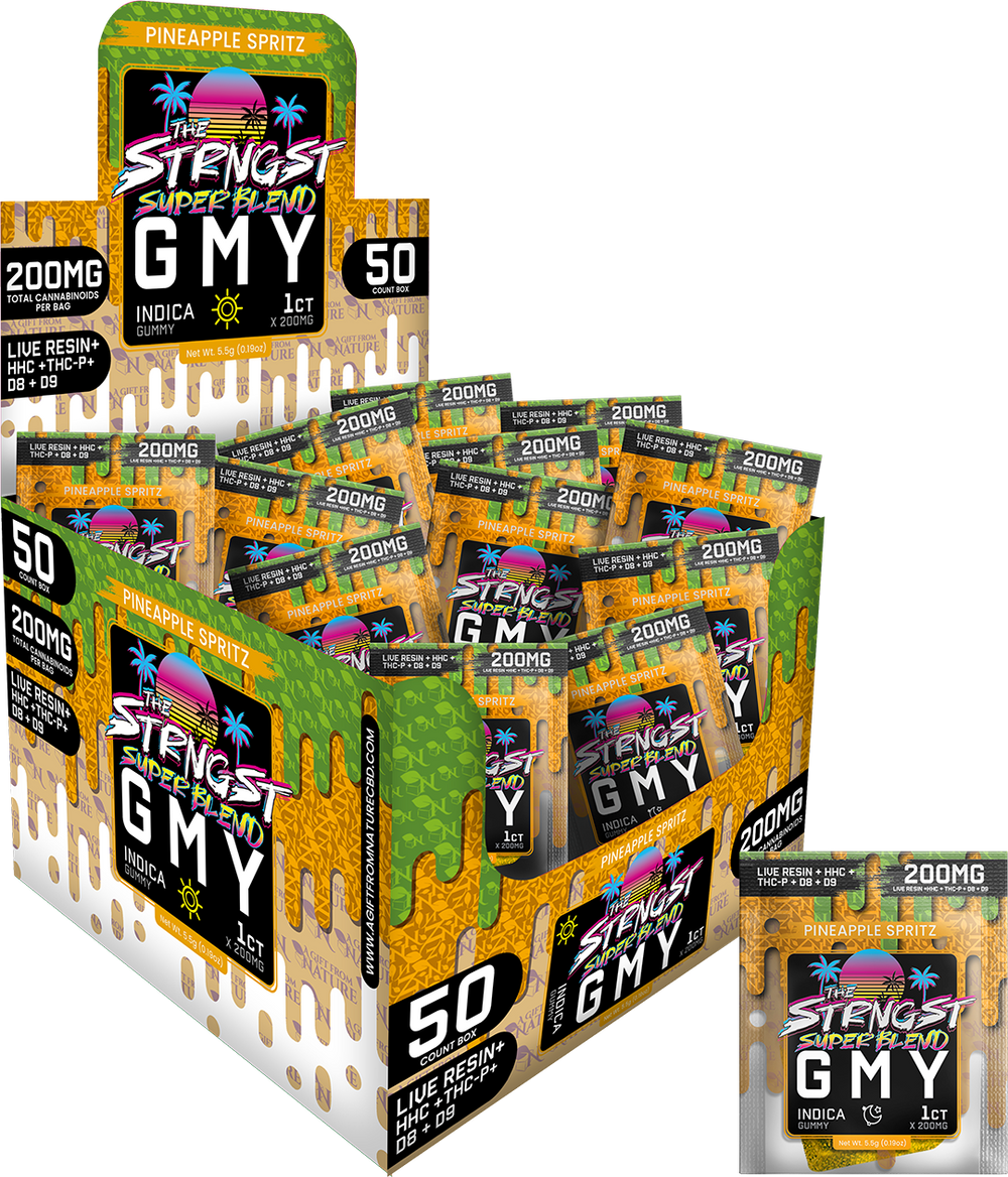 THE STRONGEST GUMMIES Single Package - 50CT - PINEAPPLE SPRITZ - INDICA, featuring 50 indica hemp gummies with 200mg of cannabinoids each, infused with a tropical pineapple flavor.