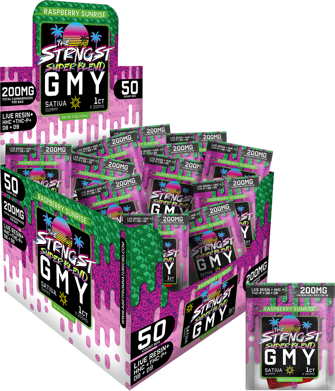 THE STRONGEST GUMMIES Single Package - 50CT - RASPBERRY SUNRISE - SATIVA, featuring 50 sativa hemp gummies with 200mg of cannabinoids each, infused with a tangy raspberry flavor