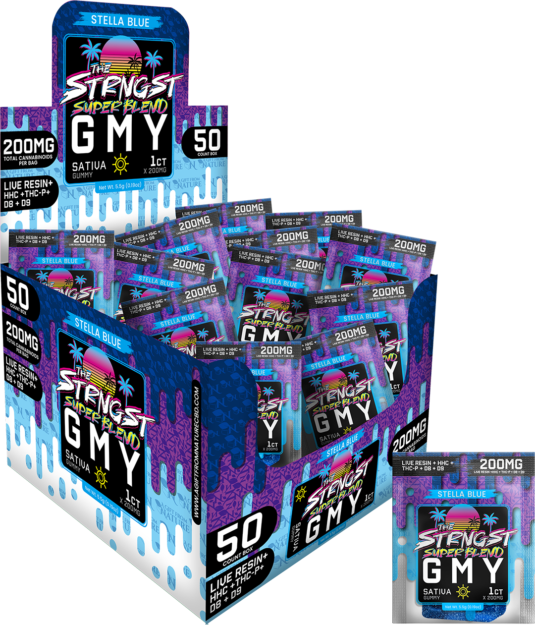 THE STRONGEST GUMMIES Single Package - 50CT - STELLA BLUE - SATIVA, featuring 50 sativa hemp gummies with 200mg of cannabinoids each, infused with a refreshing blueberry flavor