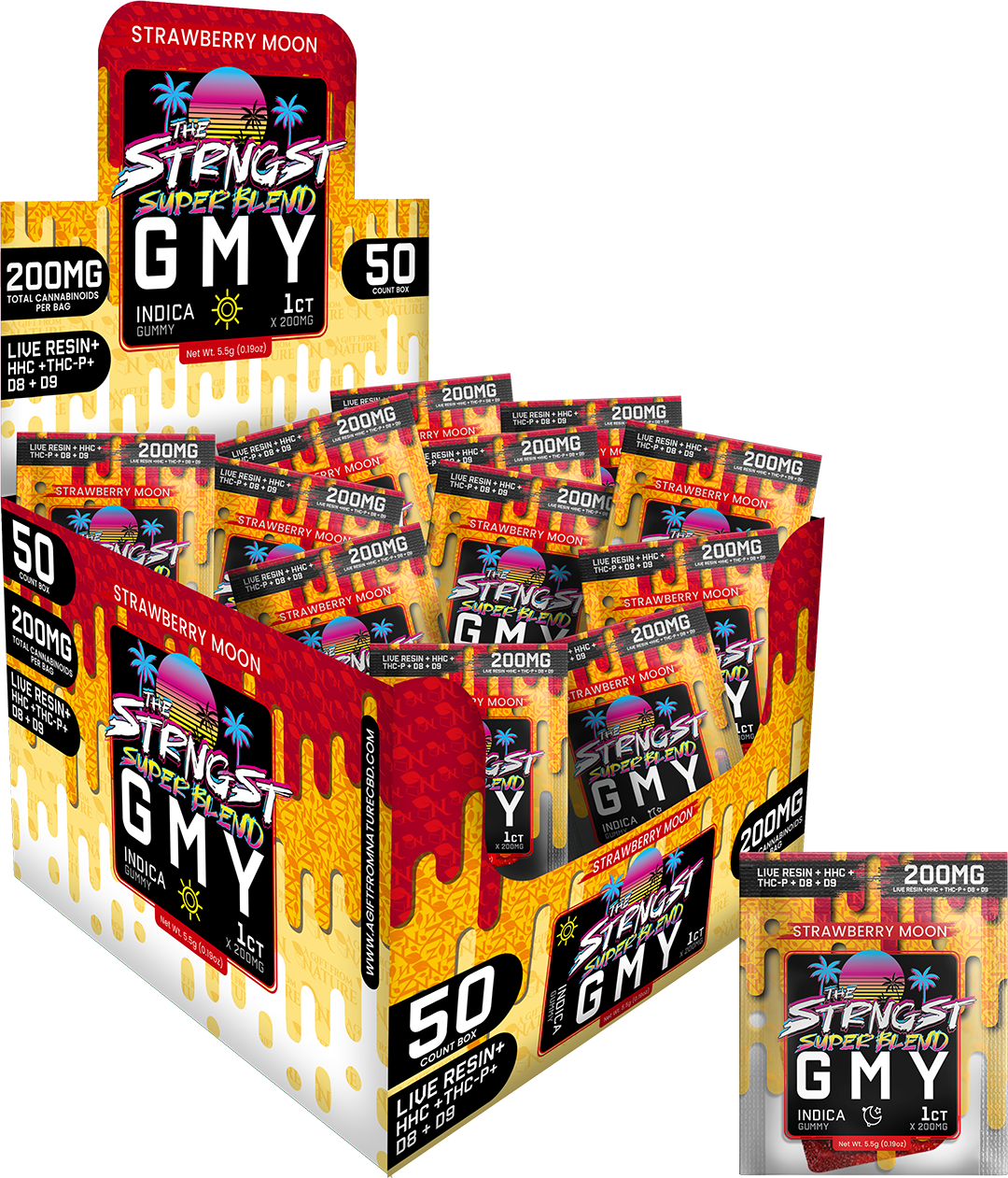 THE STRONGEST GUMMIES Single Package - 50CT - STRAWBERRY MOON - INDICA, featuring 50 indica hemp gummies with 200mg of cannabinoids each, infused with a sweet strawberry flavor