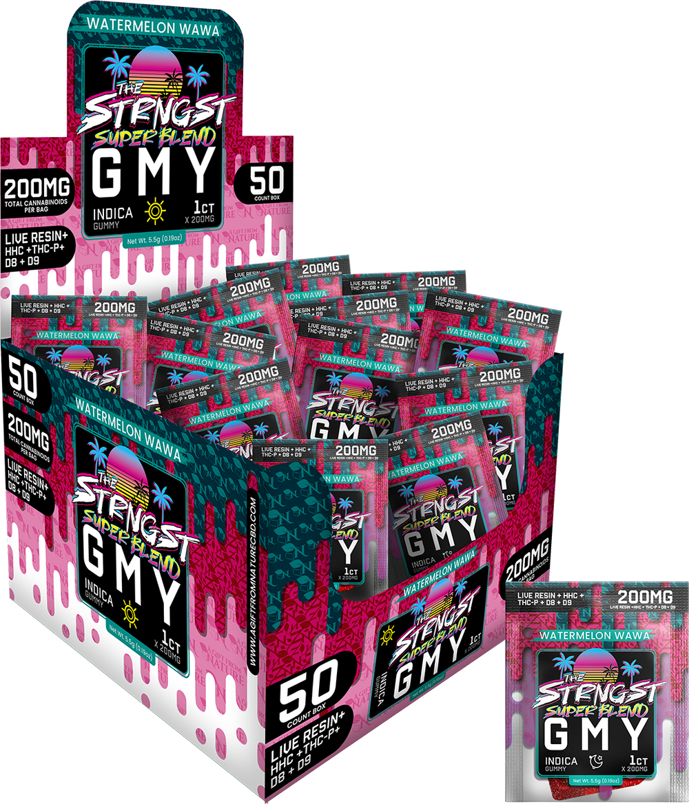THE STRONGEST GUMMIES Single Package - 50CT - WATERMELON WAWA - INDICA, featuring 50 indica hemp gummies with 200mg of cannabinoids each, infused with a refreshing watermelon flavor