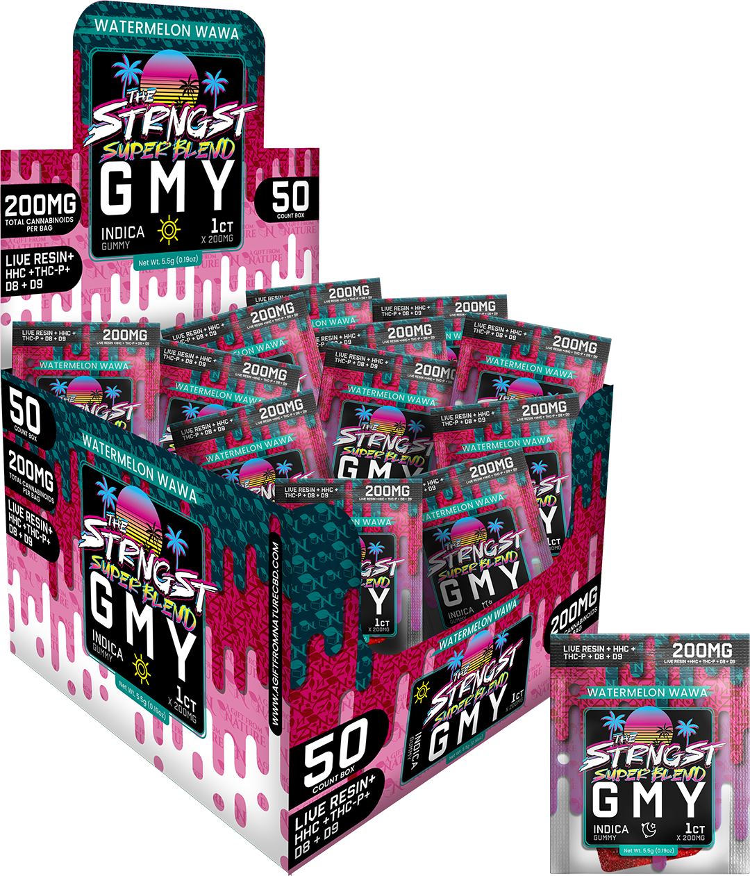 THE STRONGEST GUMMIES Single Package - 50CT - WATERMELON WAWA - INDICA, featuring 50 indica hemp gummies with 200mg of cannabinoids each, infused with a refreshing watermelon flavor