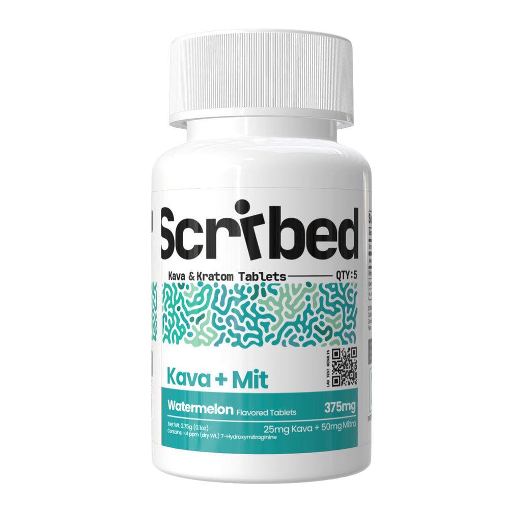 Bottle of Scribed Kava + Mit tablets on a white background
