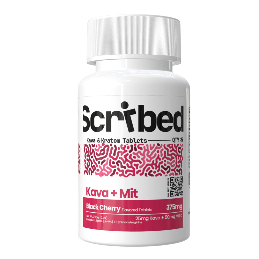 Scribed Kava + Mit supplement bottle on a white background