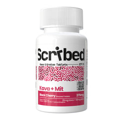 Scribed Kava + Mit supplement bottle on a white background