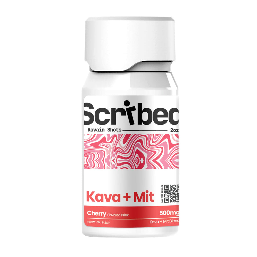 Scribed 2 ounce ready-to-drink shot labeled 250 mg Kava Blend and 250 mg Kratom Blend