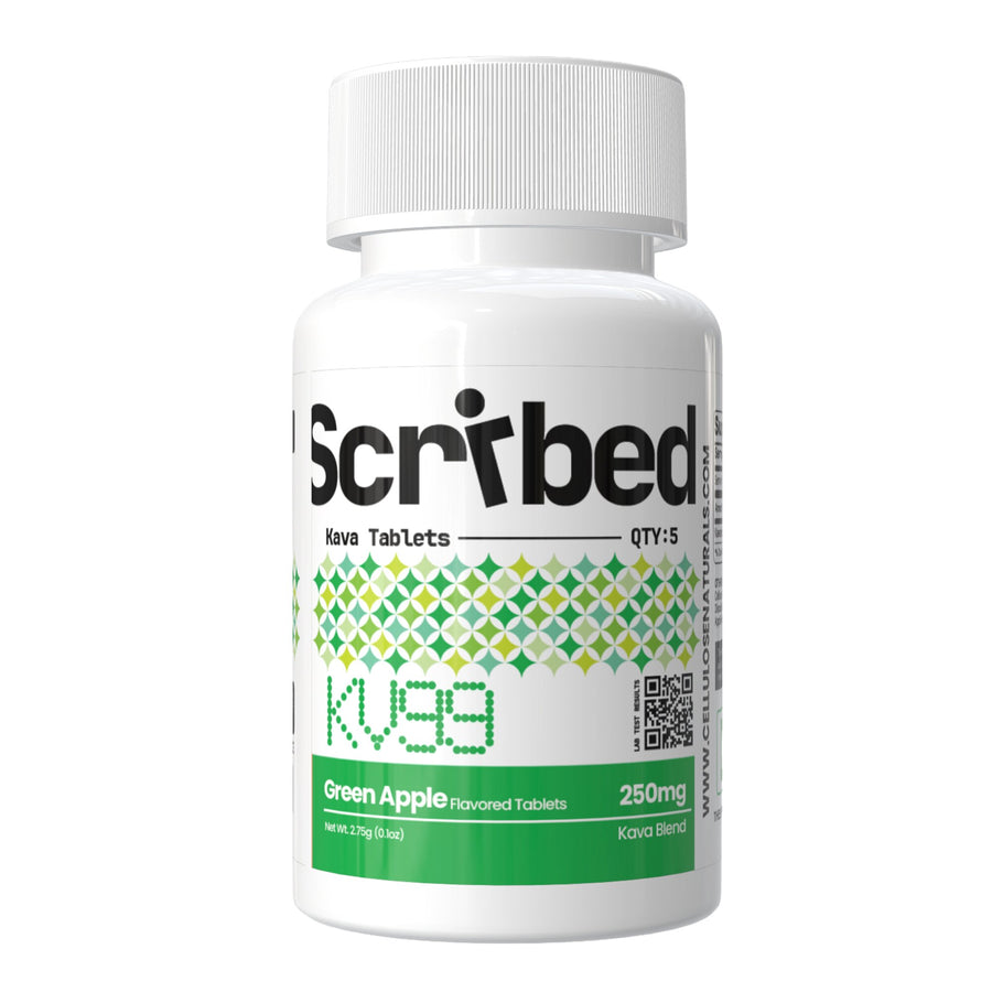 Three Scribed KV99 nano kava tablets beside their labeled package