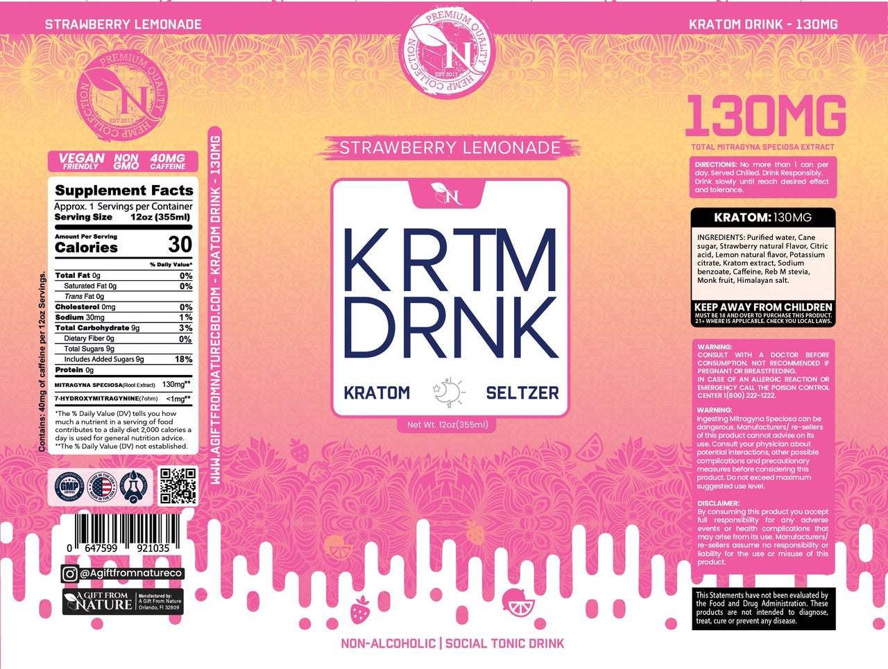 Kratom Strawberry Lemonade beverage / seltzer single label