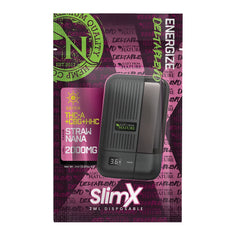 SlimX 2000mg disposable vape packaging showing slim rechargeable USB-C device, flavor name, cannabinoid blend, and product information
