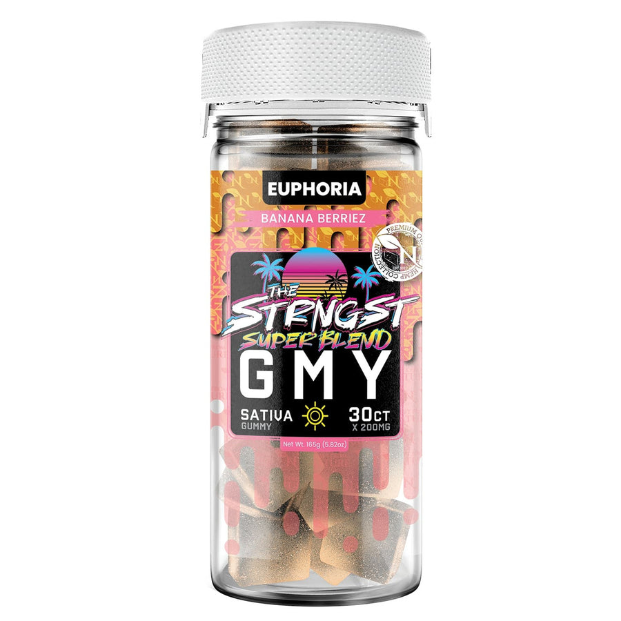 Two THE STRONGEST hemp gummies beside the labeled product package