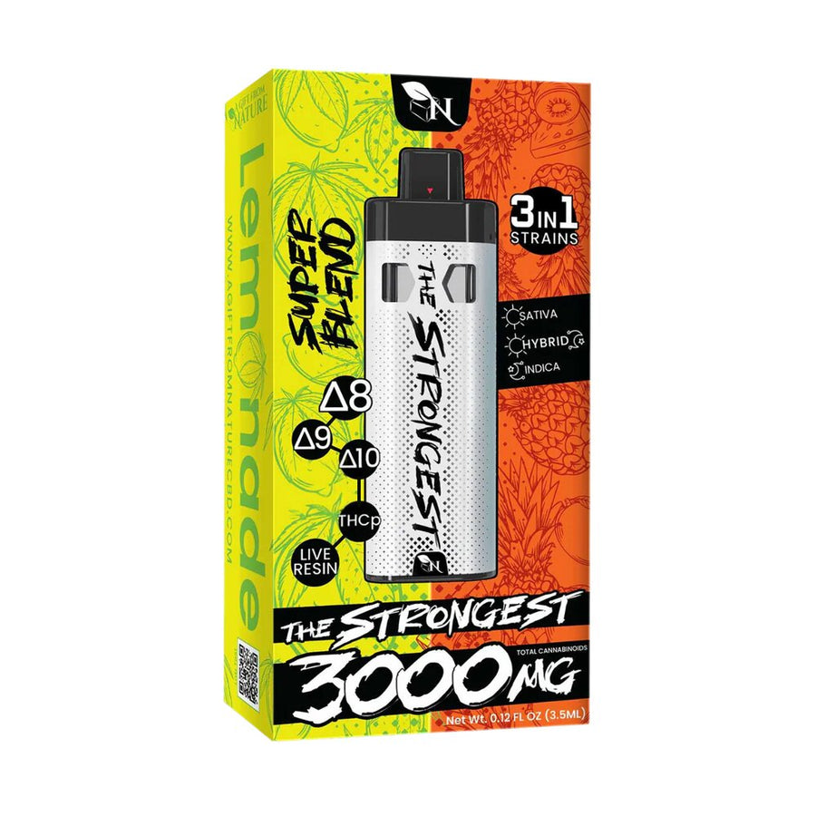 THE STRONGEST 3-in-1 3000 mg cannabinoid disposable vape and retail package